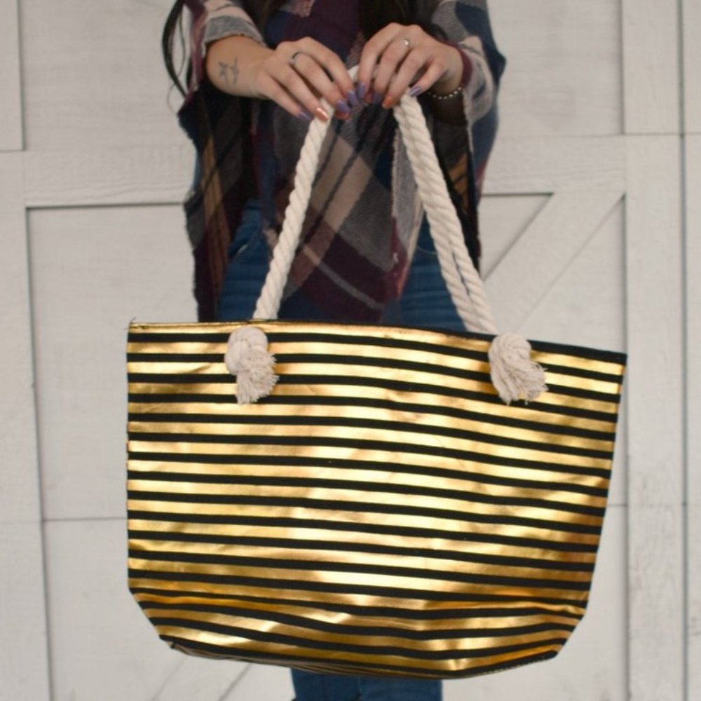Large Gold & Black Striped Tote
